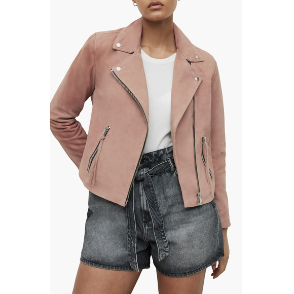 New ALL‎ SAINTS Dalby Biker Suede Lamb Leather Moto Jacket Putty Pink